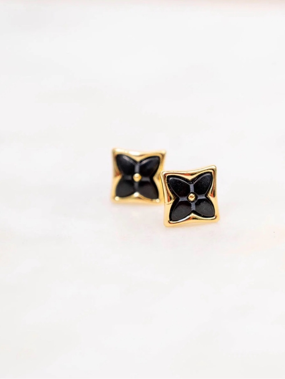 Gold and Black Floral Square Stud Earrings - Women Jewelry